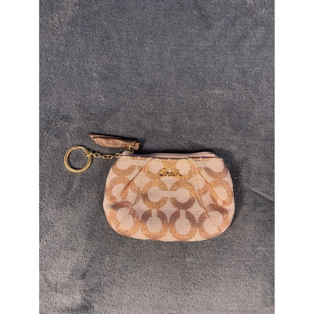 Coach Rose Gold Signature C Mini Skinny Coin Purse Key Ring Wallet Pouch